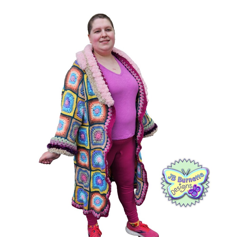 Original Handmade Cardigan Coat of Many Colors, Crochet Granny Square Robe - Picture 4 of 7